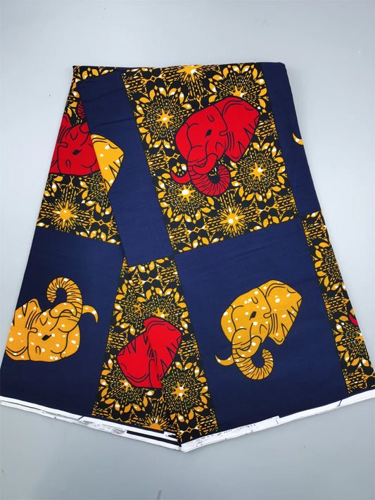 Elephants Ankara Real Wax Print – Red & Gold on Navy Patchwork, 100% Cotton, 6 Yards