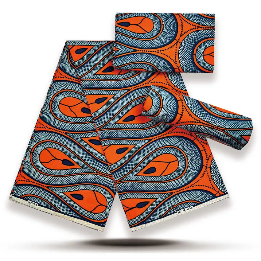 Orange & Blue Paisley Loop Gold Sand Wax Print – Bold Swirl, 100% Cotton, 6 Yards