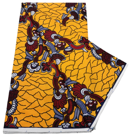 Mustard and Brown Floral Vine Ankara wax print fabric, 6 yards