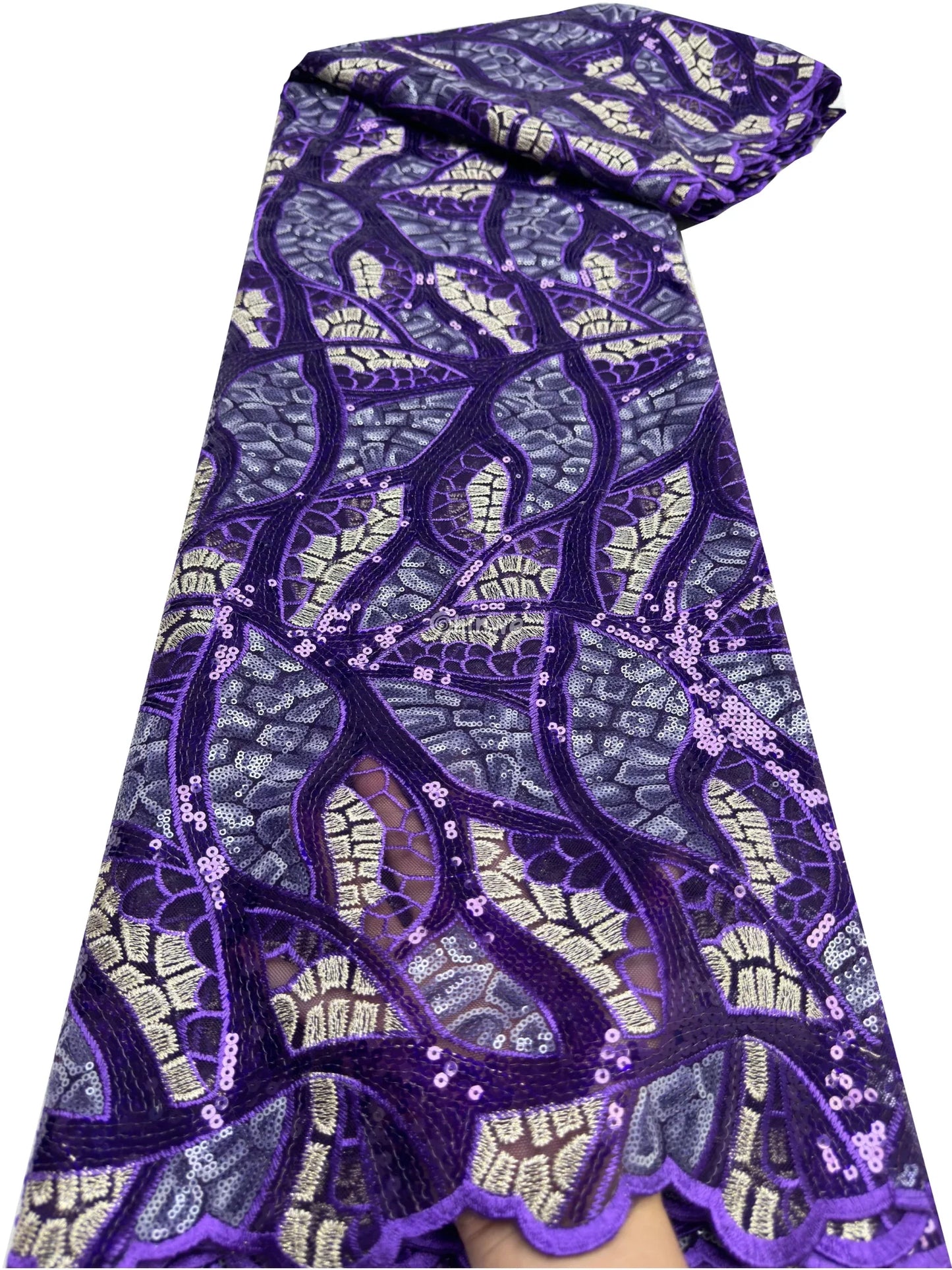 Swirl Sequin Embroidered Lace Print Fabric with Metallic Accents & Scalloped Edge Detail Deep Purple & Silver Swirl