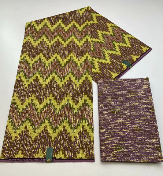 Yellow and Plum Stepped Diamond Kente-Style Print Fabric, 6 Yards
