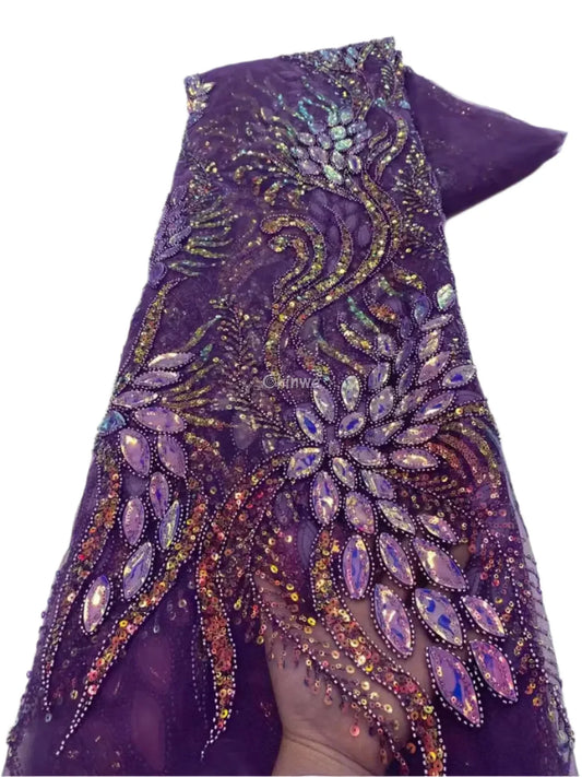 Beaded Scroll Motif Mesh Lace with Gemstone Appliqués & Sequin Embellishment Royal Purple / 5 Yards / 120cm Lace