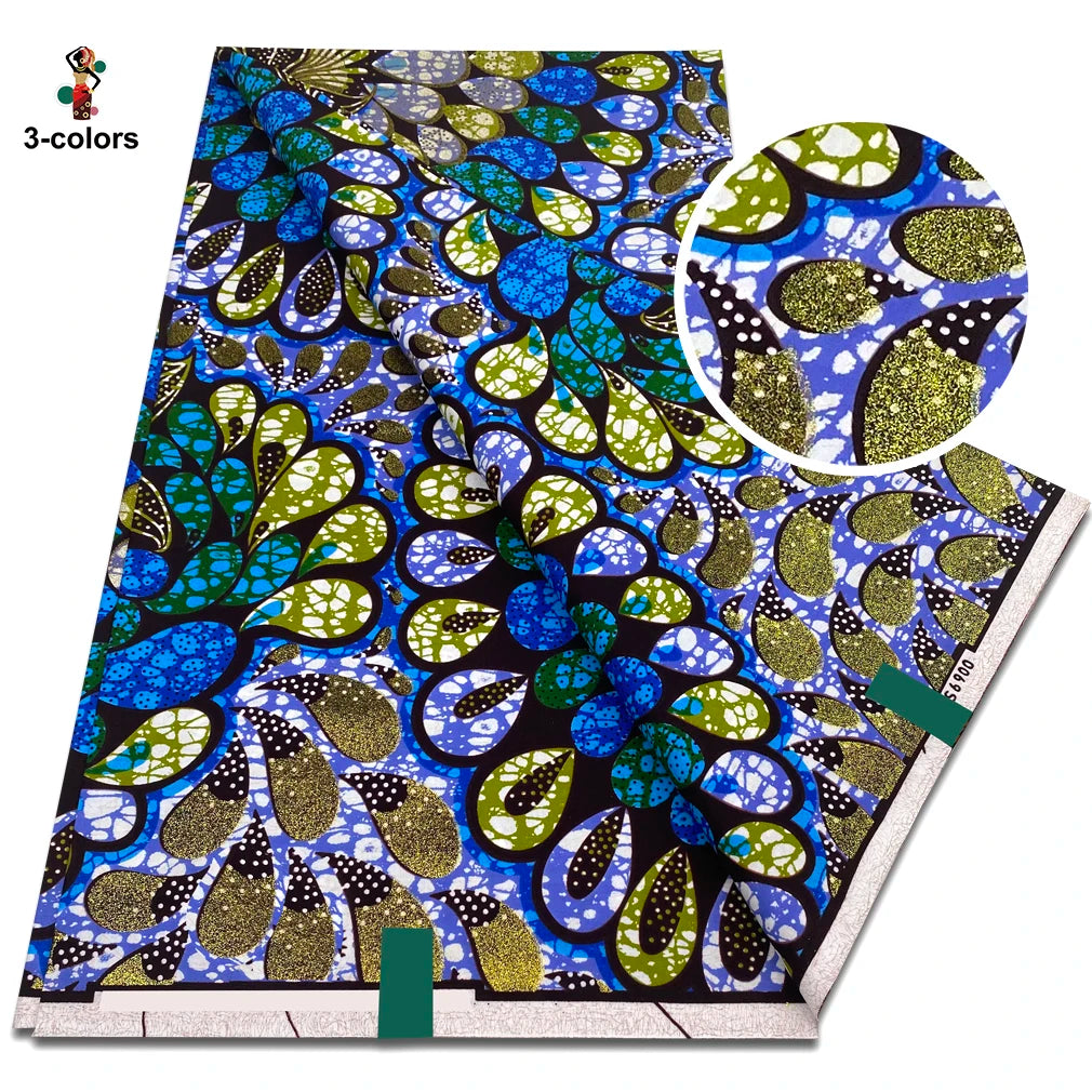 Peacock Petal Flash Gold Wax Fabric – Royal Blue & Olive or Navy & Mint, Grand Super Glitter, 6 Yards