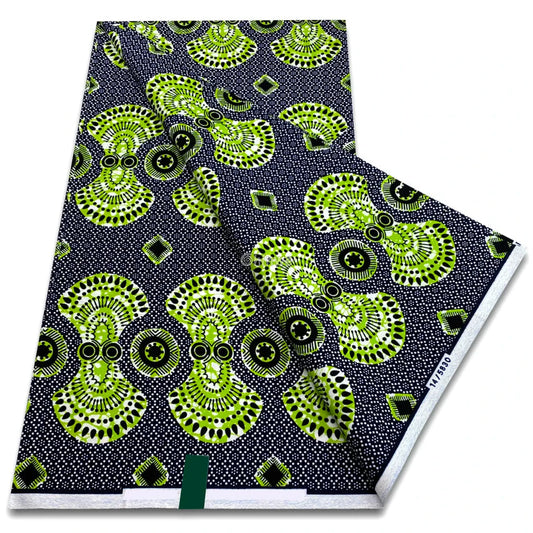 Lime Green Radiating Circles with Black and White Fan Motif on Midnight Dot Background Lime Echo / 6 yards