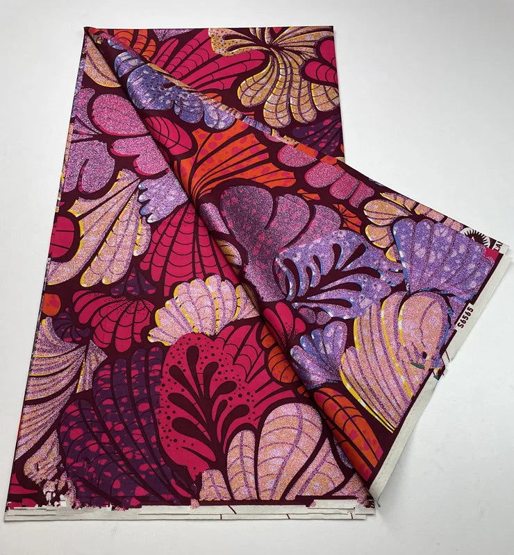 Magenta & Lilac Shell Fan Gold Powder Wax Print – Big Boho Shells, 100% Cotton, 6 Yards