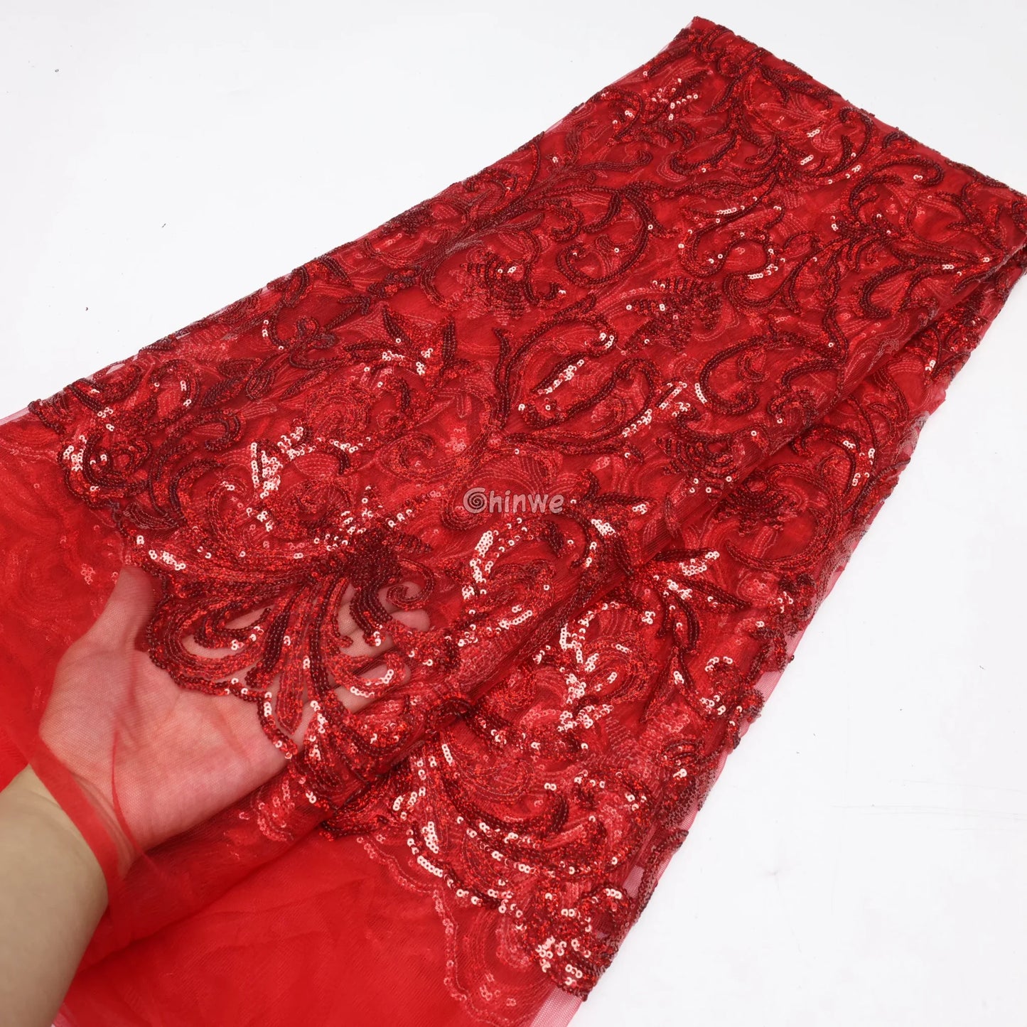 Swirl-Vine Sequin Lace Mesh Fabric Ruby Red & Scarlet Swirl Vine Sequin Lace / 5 Yards / 120cm Lace