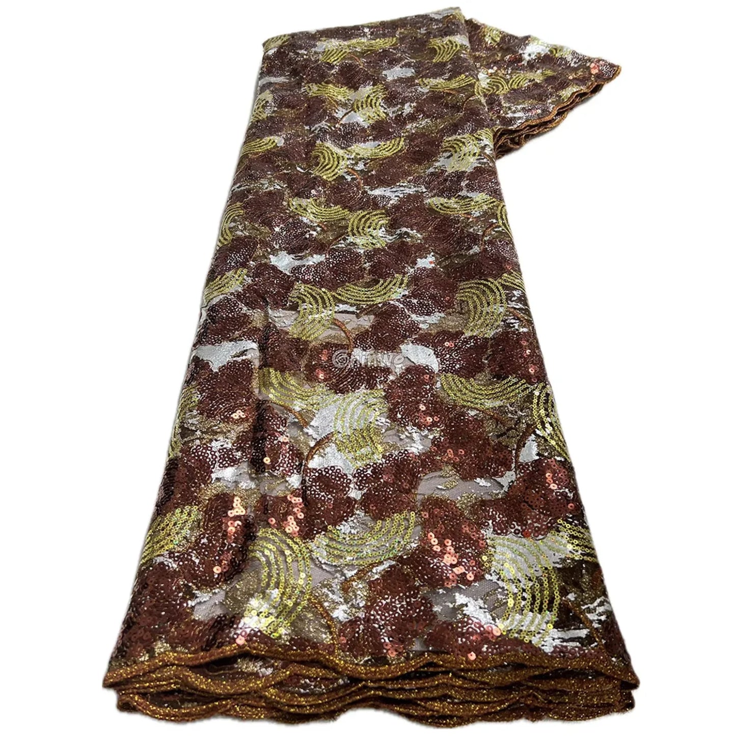 Sheer Sequin Lace Fabric with Swirling Motif and Scalloped Edge Embellished with Metallic Sequins Bronze & Yellow Swirl