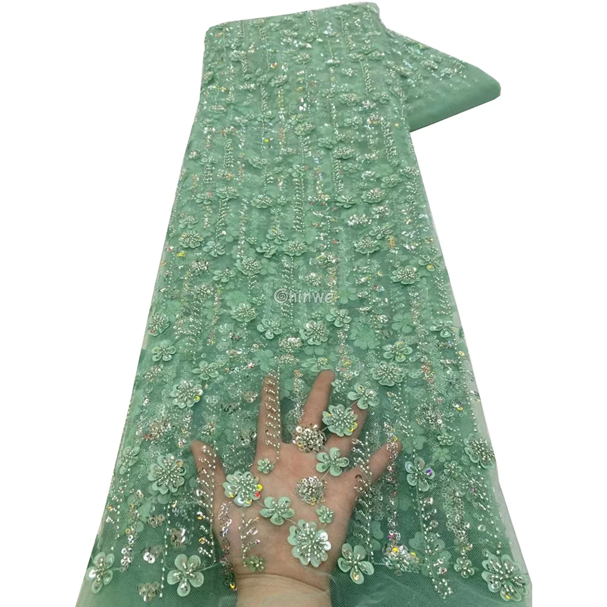 Sequin Beaded Embroidery Lace Fabric on French Tulle
