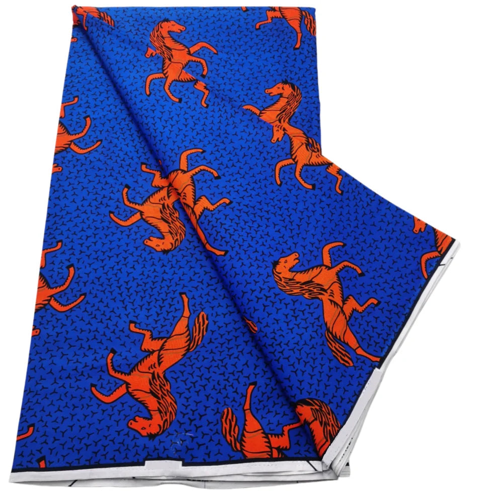 Royal blue Ankara real wax print with galloping orange horses, 100% cotton, 6 yards