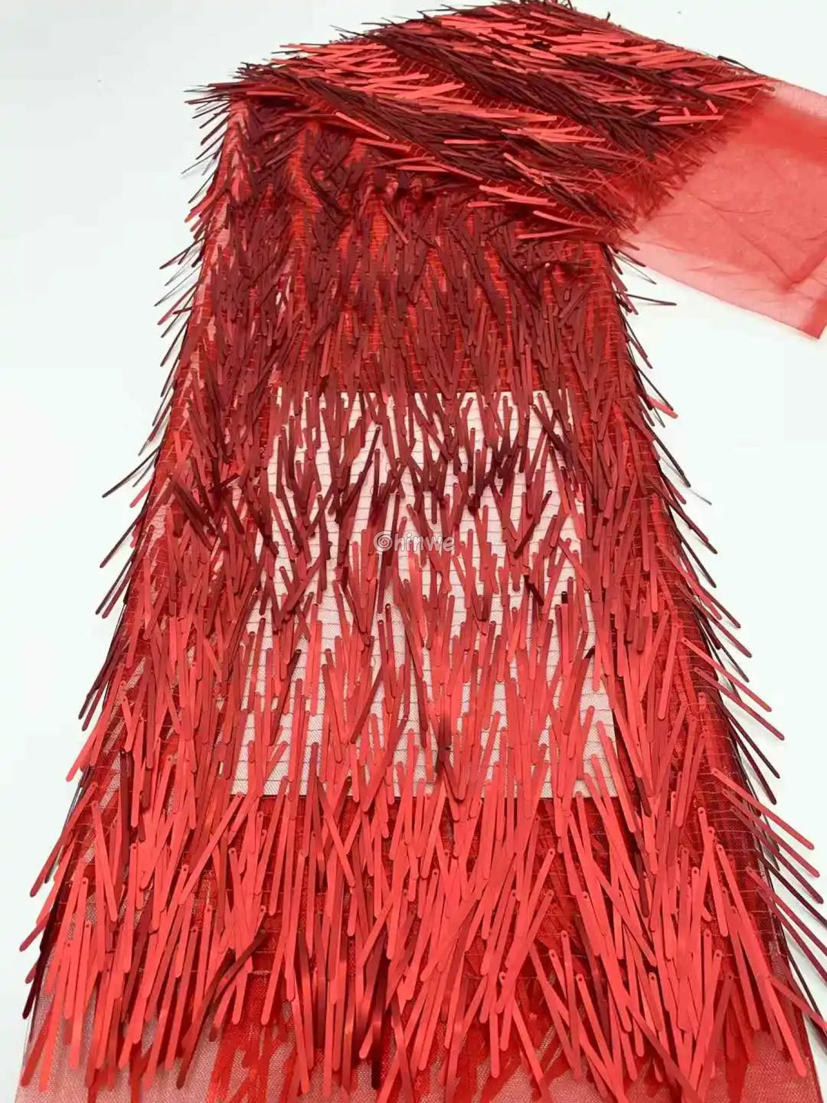 Iridescent Sequin Tinsel Fringe Fabric with Layered Shimmer Strips and Sheer Mesh Base Cherry Red Fringe / 120cm