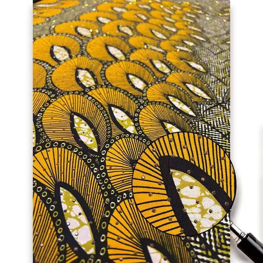 Gold Peacock Plume Stoned Wax Print – Sparkle Stones, Real Wax, 6 Yards