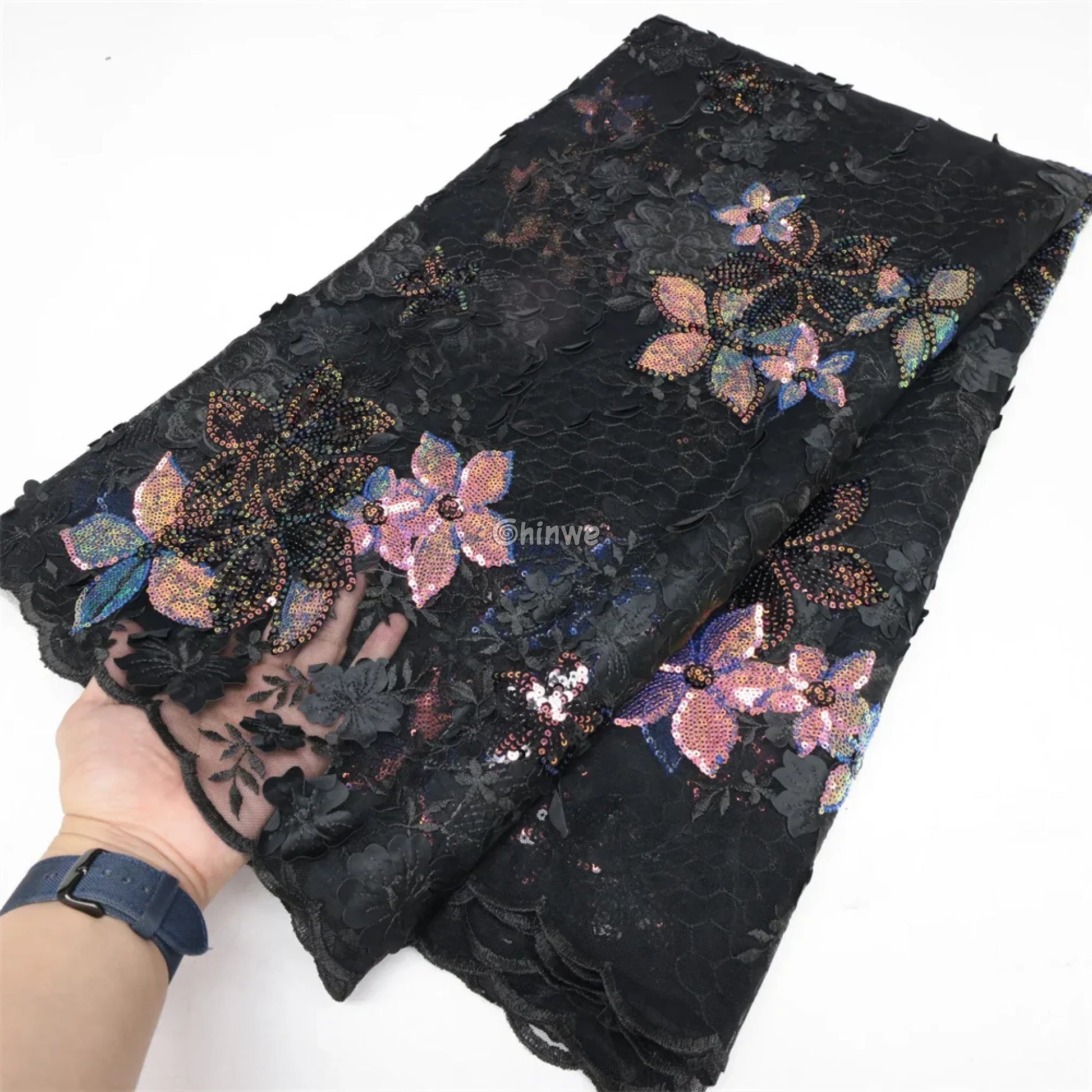 Embroidered 3D Sequin Lace Fabric with Floral Appliqué on Soft Tulle Mesh for Couture Sewing Projects Black mesh with