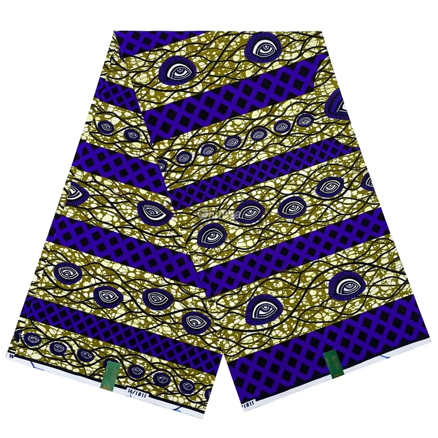 Purple and Gold Ankara Fabric with Eye Symbol and Geometric Lattice Design 6 Yards African Wax Print Fabric