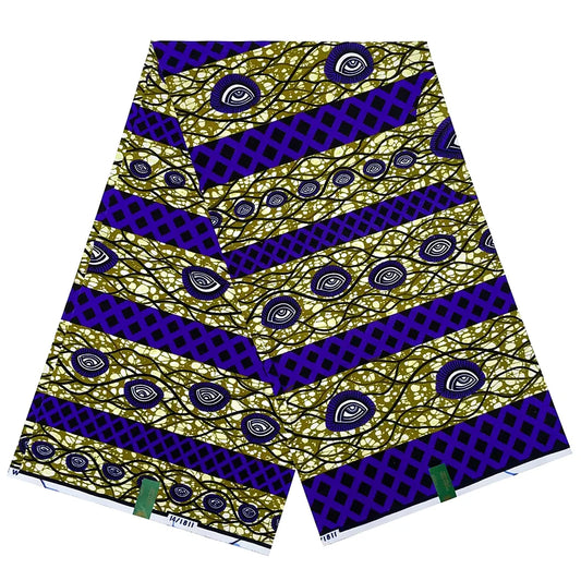 Purple and Gold Ankara Fabric with Eye Symbol and Geometric Lattice Design