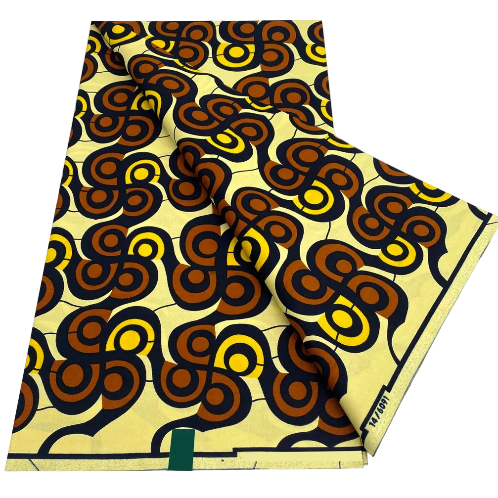 Cream and Brown Swirl Ankara Wax Print Fabric – Gold Scroll Pattern, 6 Yards