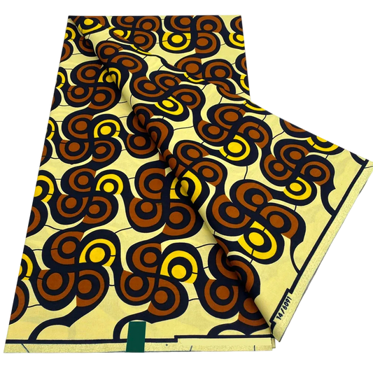 Cream and Brown Swirl Ankara Wax Print Fabric with gold scroll pattern, 6 yards