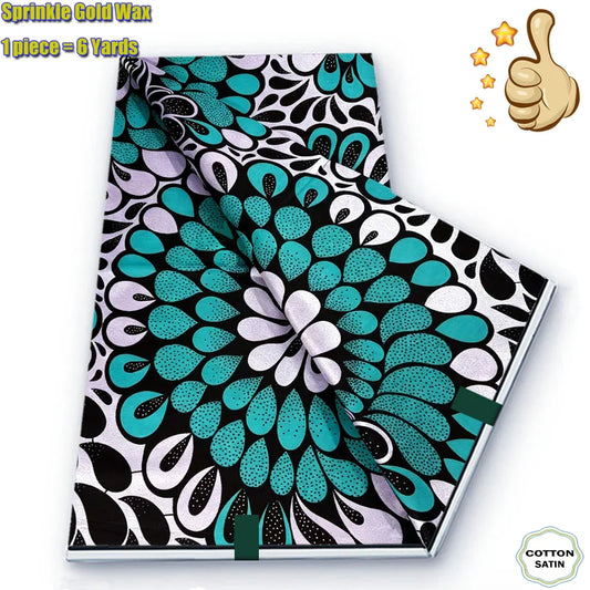 Teal Peacock Petal Grand Golden Wax Print – Black & White, Glitter, 6 Yards