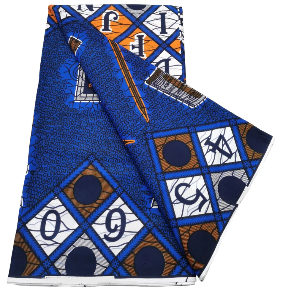 Blue alphabet Ankara wax print, draped