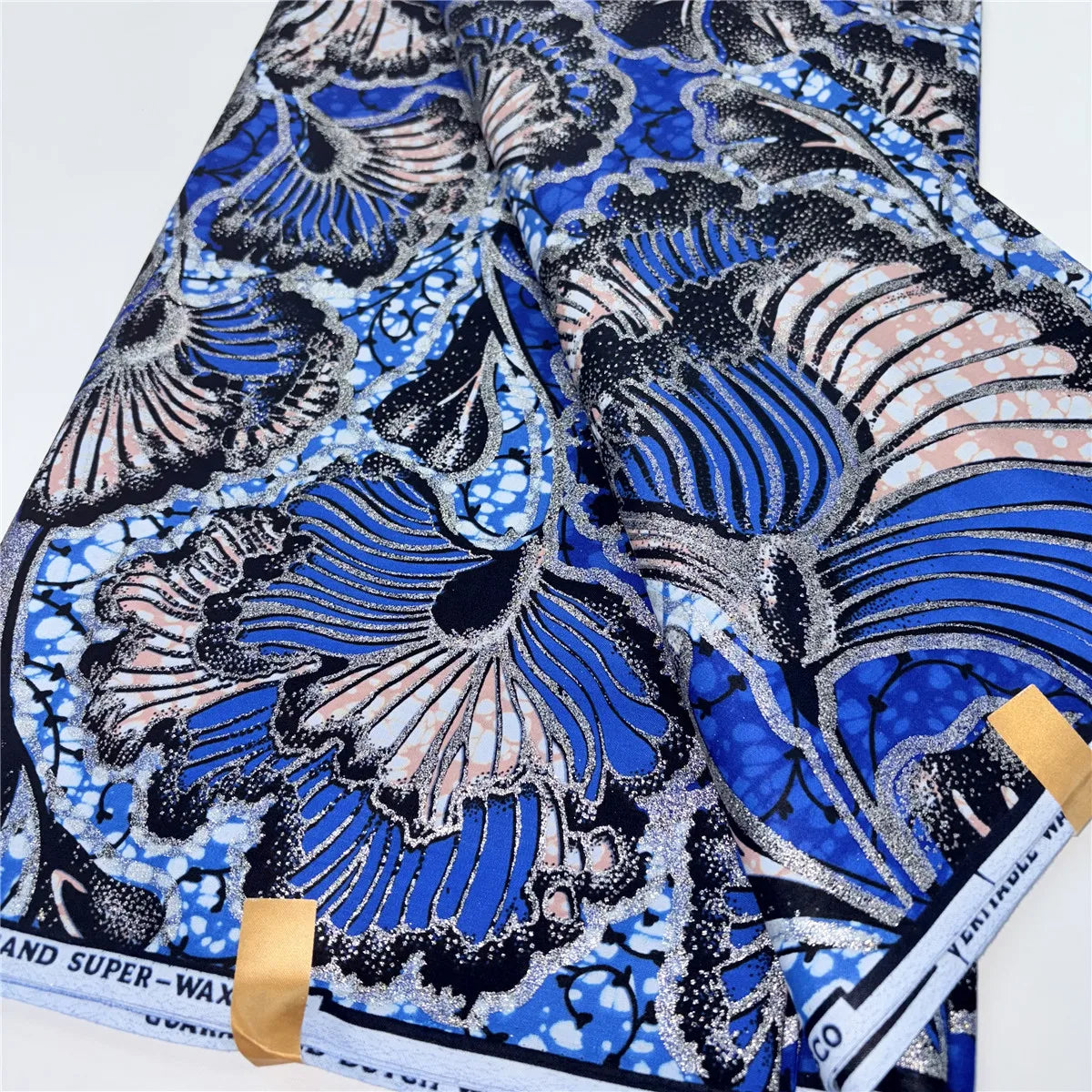 Royal Blue Feather Fan Stoned Wax Fabric – Blush & Navy, Grand Super Wax with Rhinestones, 6 Yards