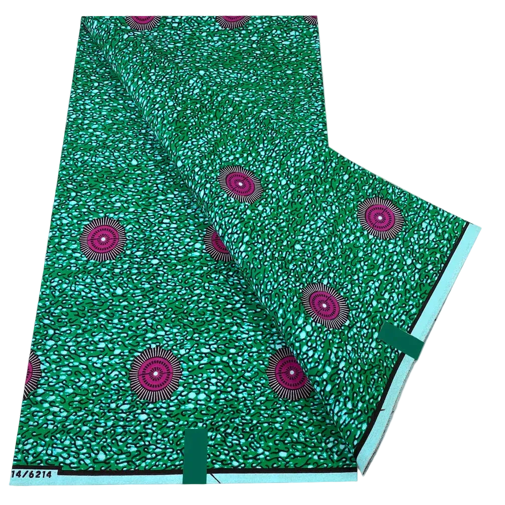 Emerald Green Ankara Wax Print Fabric – Magenta Rings Speckle Print, 6 Yards
