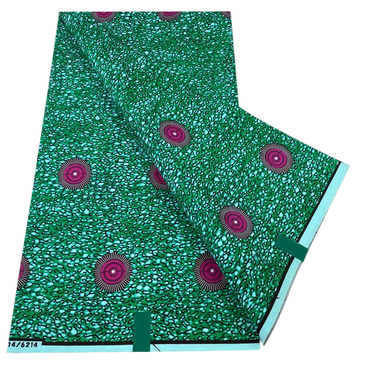 Emerald Green Ankara Wax Print Fabric with magenta rings speckle print, 6 yards