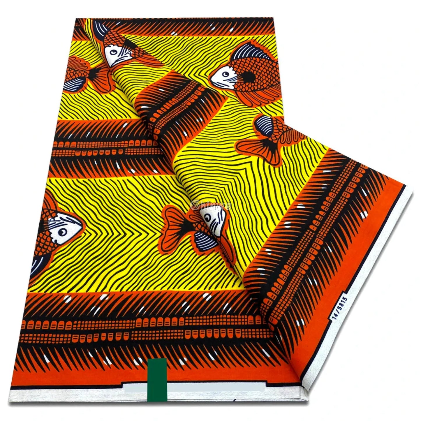 Yellow and Orange Fish Panel Print with Black Wave-Line Texture and Tribal Stripe Borders in Repeat Layout Yellow Fish