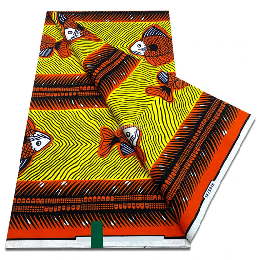 Yellow and Orange Fish Panel Print with Black Wave-Line Texture and Tribal Stripe Borders in Repeat Layout Yellow Fish