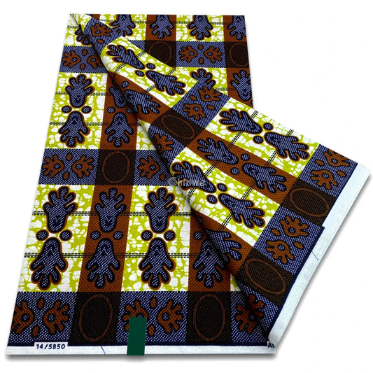 Olive brown and navy tribal symbol checkered print with dotted textures and grid-style block layout Brown Navy Tribal