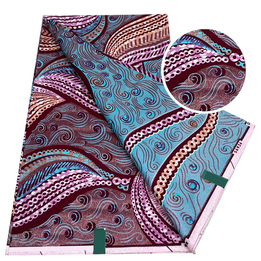 Burgundy & Sky Blue Wave Band Flash Gold Wax Print – Grand Super Glitter, 6 Yards
