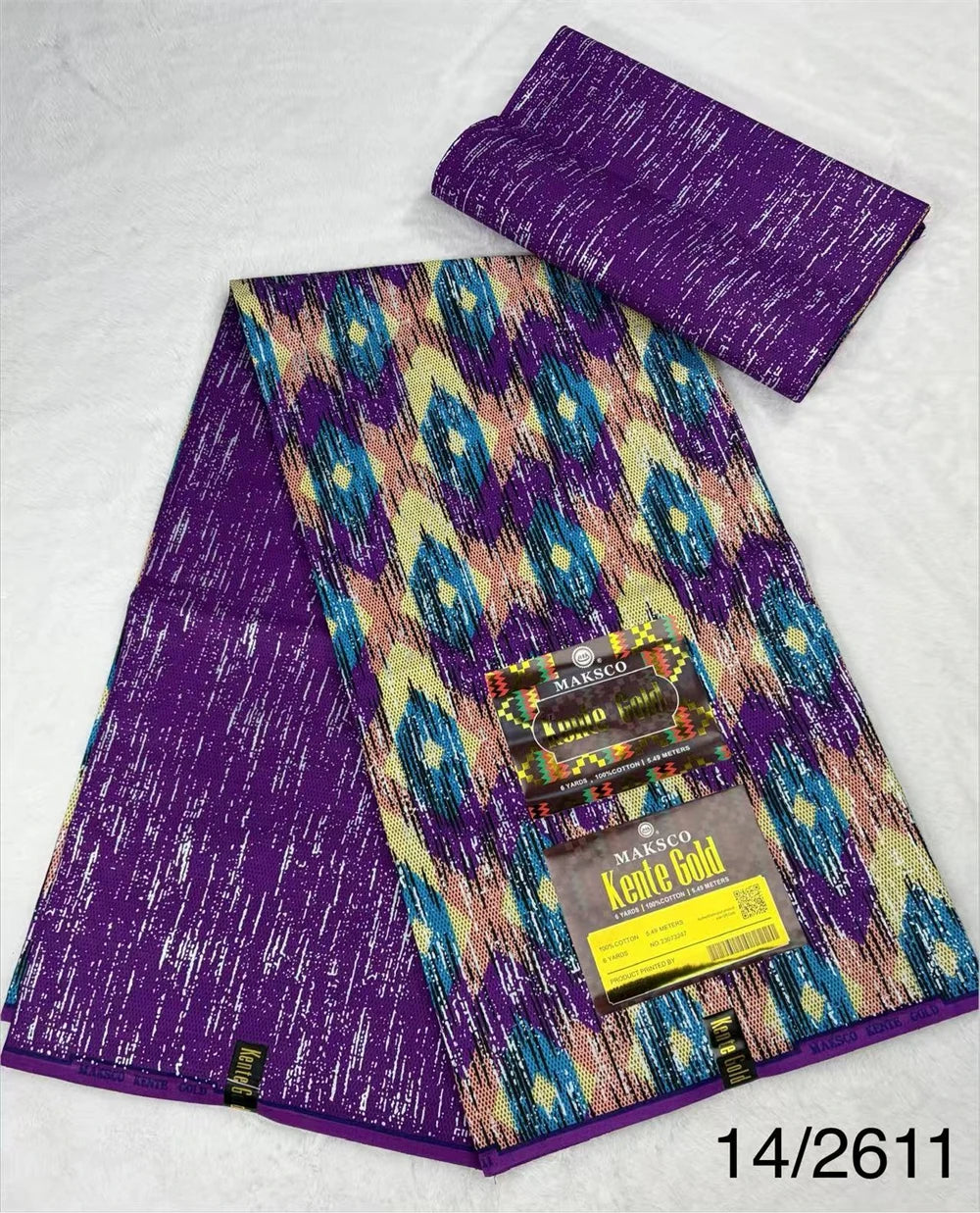 Purple and Teal Diamond Stripe Kente-Style Print Fabric, 6 Yards