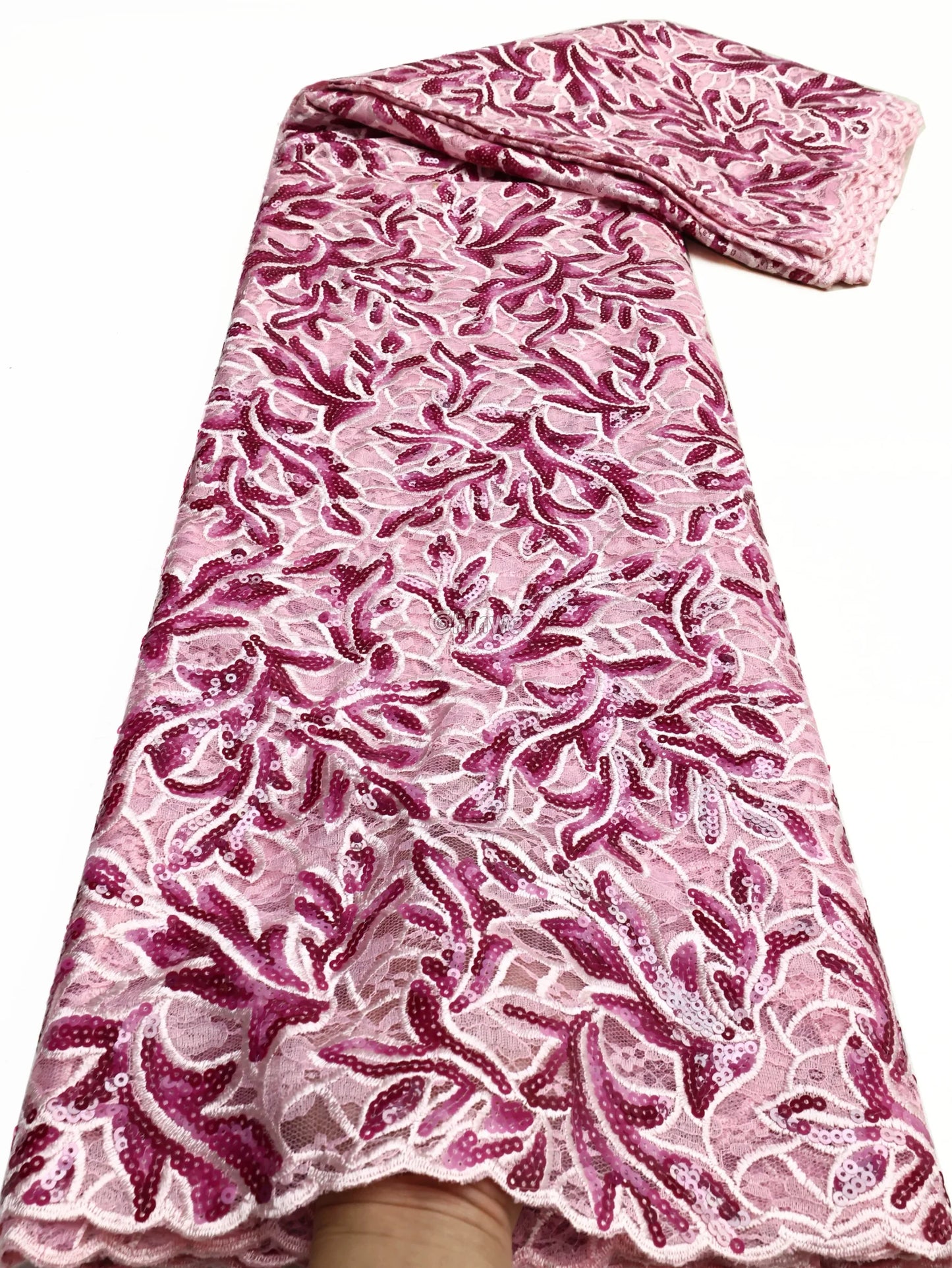 Jewel Tone & Metallic Accent Geometric Circle & Medallion Sequined Print Fabric Rose Quartz Leaf Sequined Lace / 5