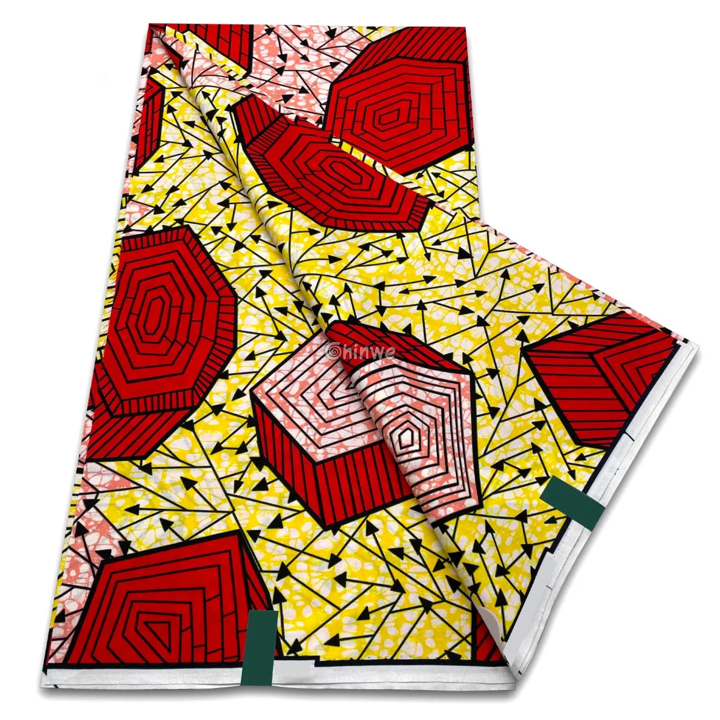 Red Spiral Octagons and Yellow Fractured Grid with Black Arrowline Accents in Repeating Geometric Print Red Octagon