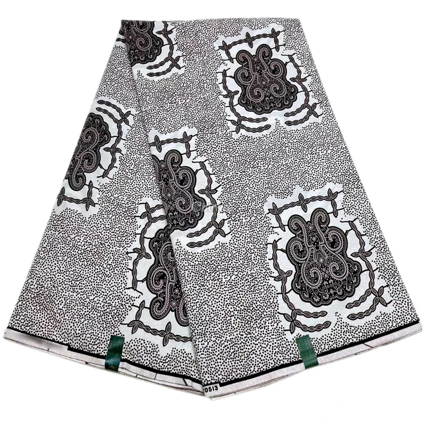 Intricate Paisley Dot Fabric – Black Paisley Motif on White Ankara Wax Print 6 Yards African Wax Print Fabric