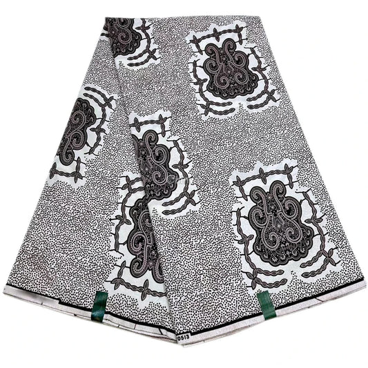 Intricate Paisley Dot Fabric – Black Paisley Motif on White Ankara Wax Print 6 Yards African Wax Print Fabric