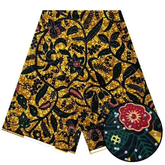 Gold Vine Leaf Stoned Wax Print – Black Leaves, Real Wax with Stones, 6 Yards