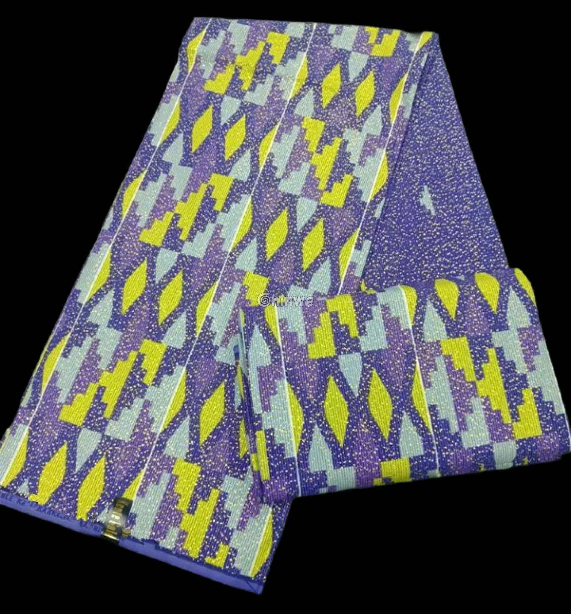 Purple Yellow & Mint Kente Brocade with Geometric Diamond Motif and Subtle Metallic Texture Citrus Violet Prism Kente
