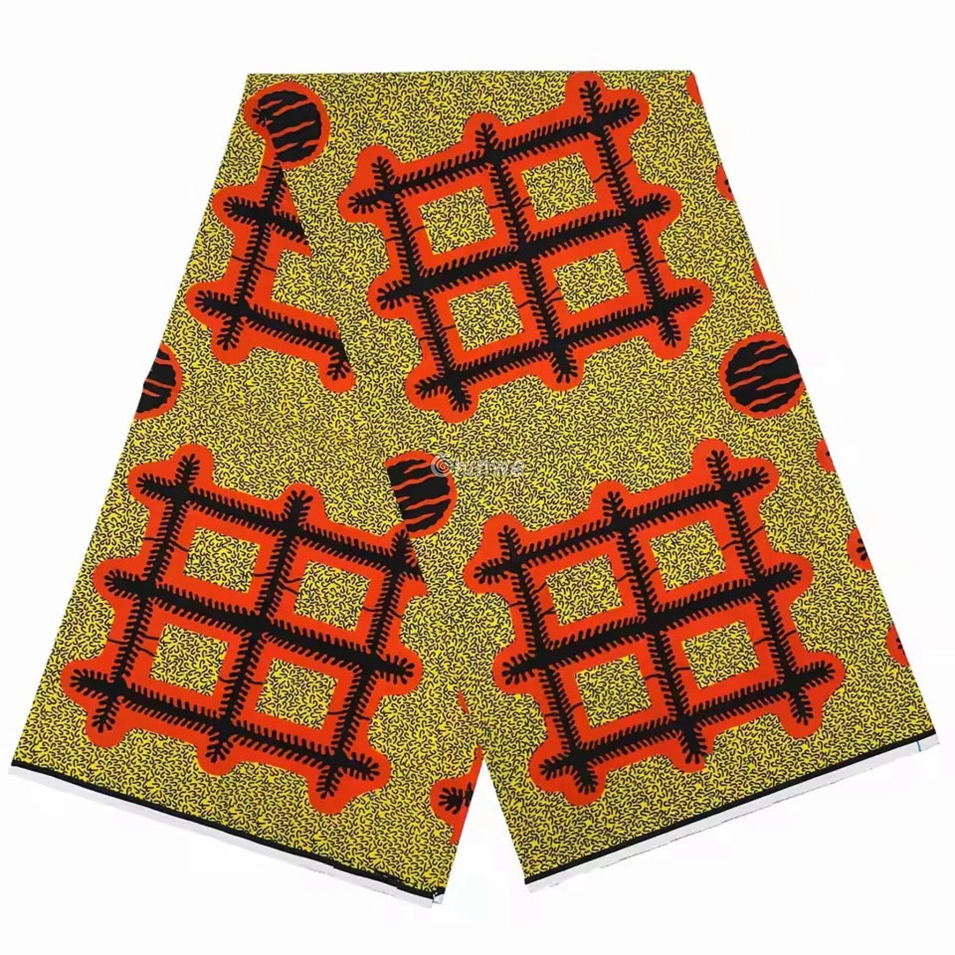 Sunlit Grid Ankara Fabric – Bold Orange & Black Abstract Motif on Yellow