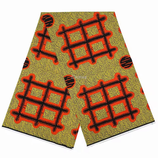 Sunlit Grid Ankara Fabric – Bold Orange & Black Abstract Motif on Yellow