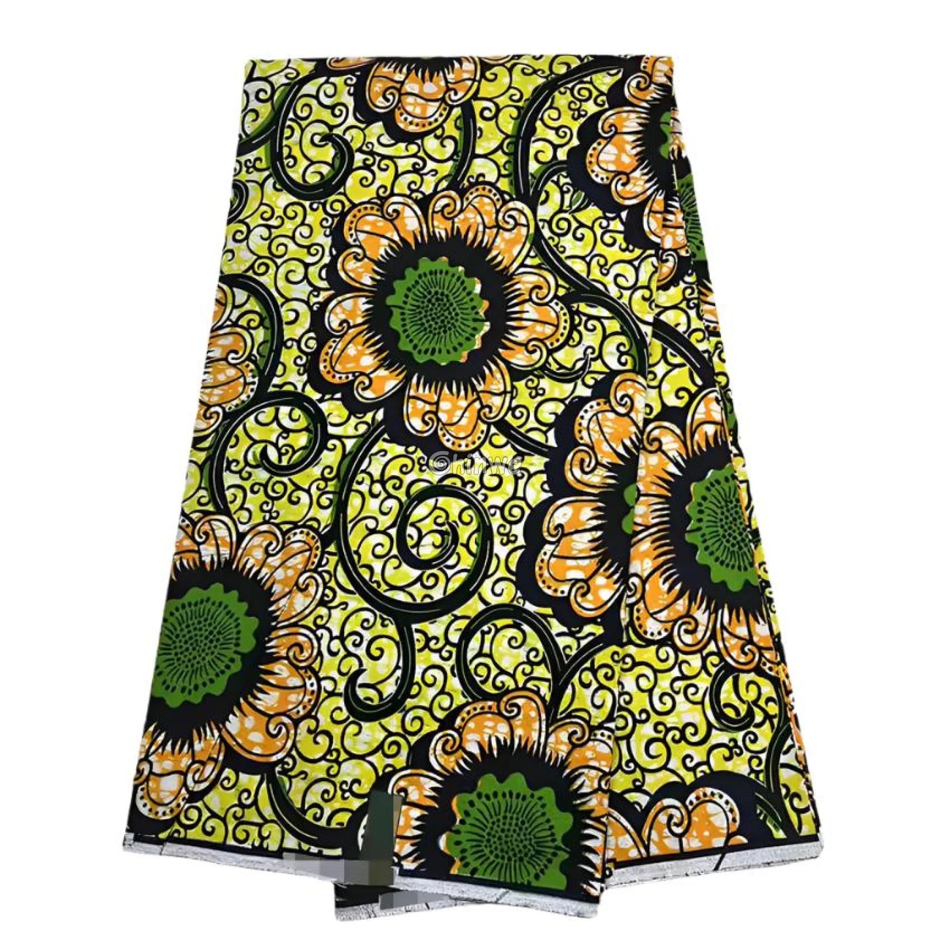 Sunny Flower Green and Orange Floral Ankara Fabric with Swirl Patterns