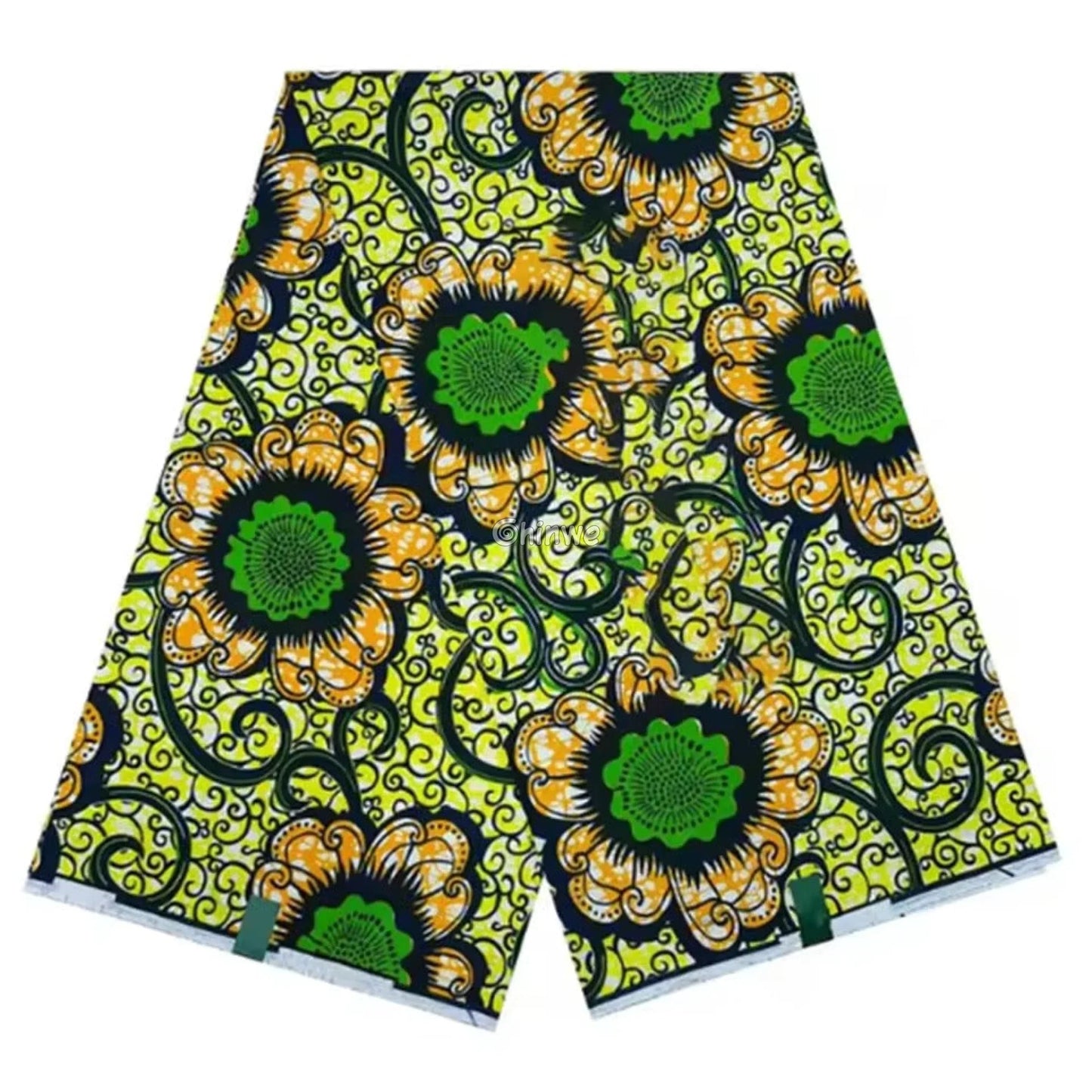 Sunny Flower Green and Orange Floral Ankara Fabric with Swirl Patterns
