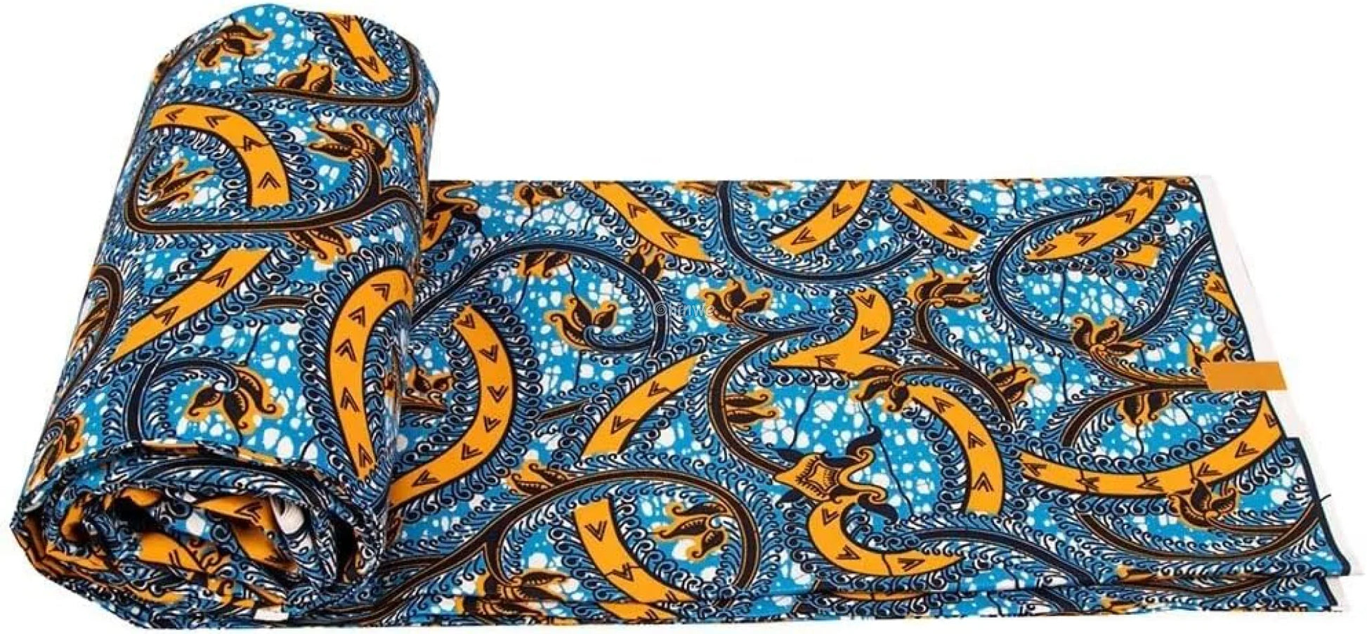 Swirling Blue and Golden Ankara Wax Print Fabric