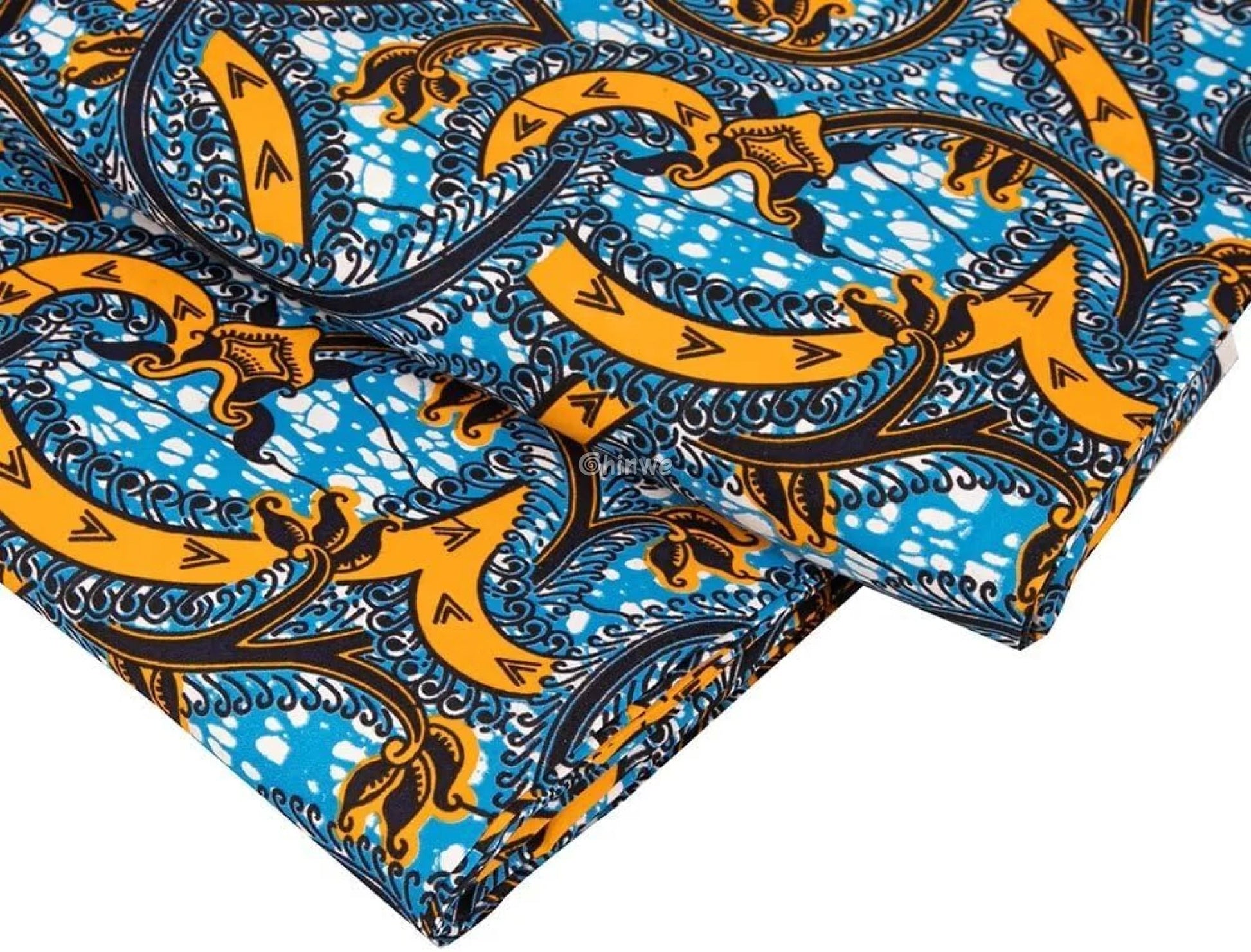 Swirling Blue and Golden Ankara Wax Print Fabric