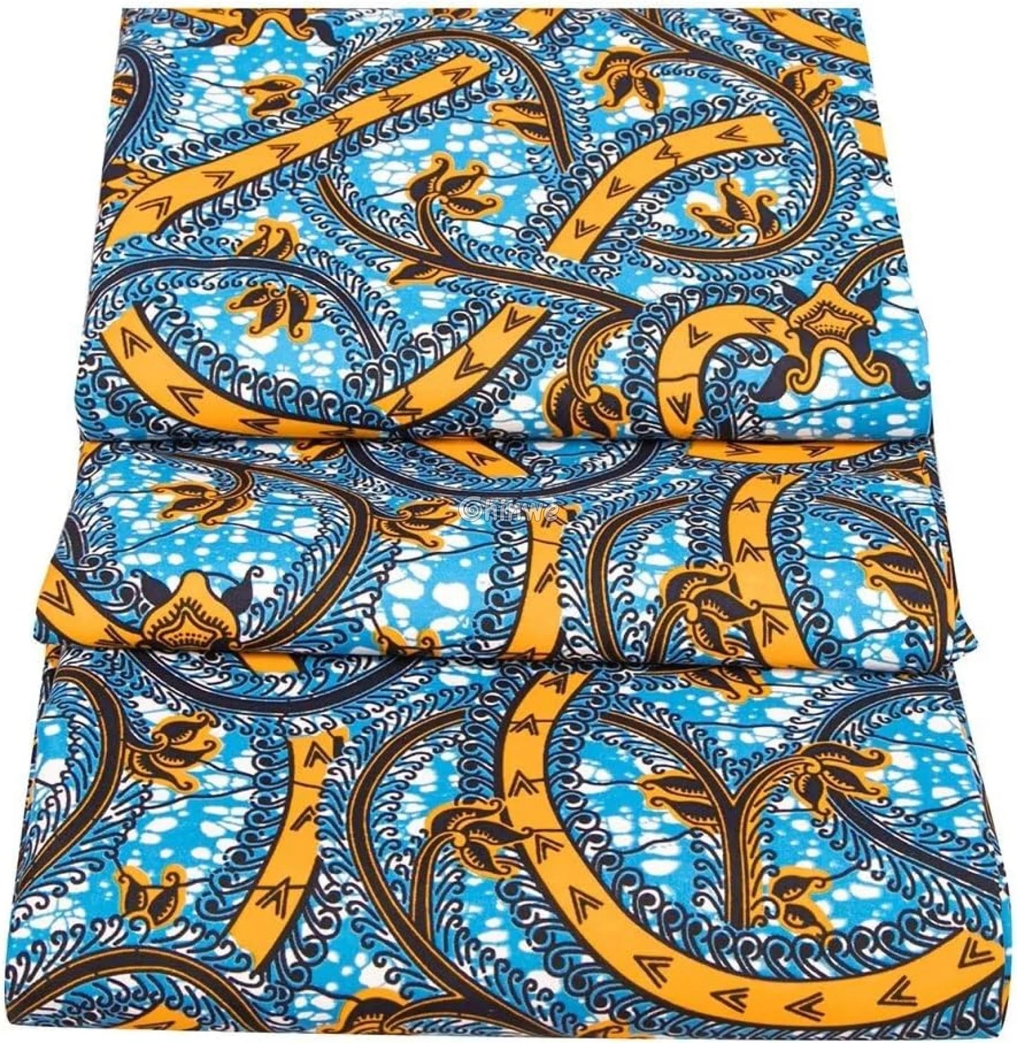 Swirling Blue and Golden Ankara Wax Print Fabric