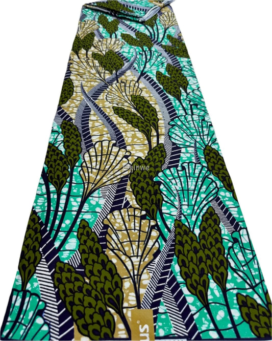 Teal and Olive Ankara Fabric with Botanical Patterns