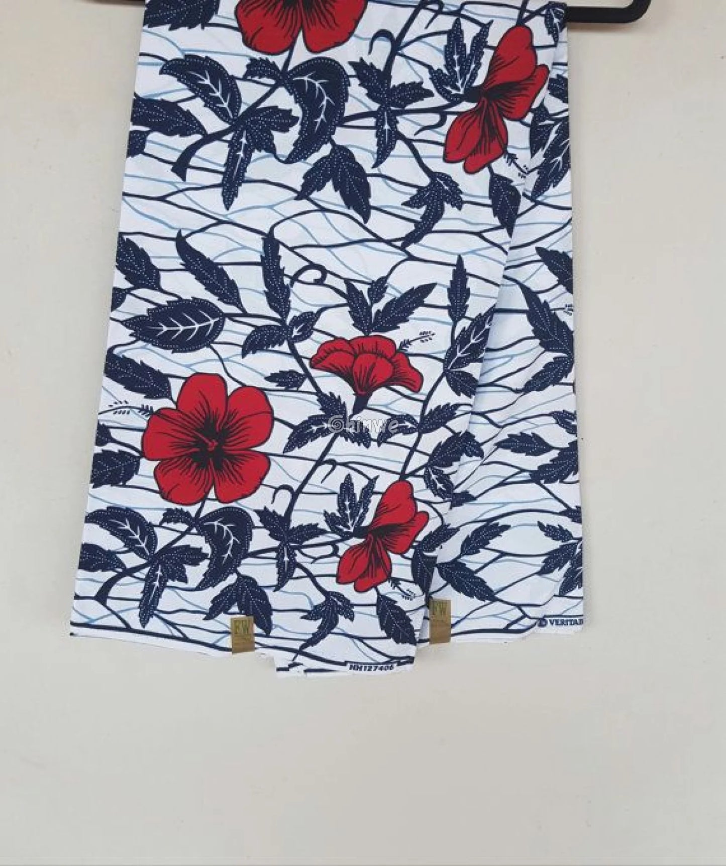 Bold Scarlet Bloom Fabric – Red Hibiscus and Black Leaves on White Ankara Print 6 Yards African Wax Print Fabric