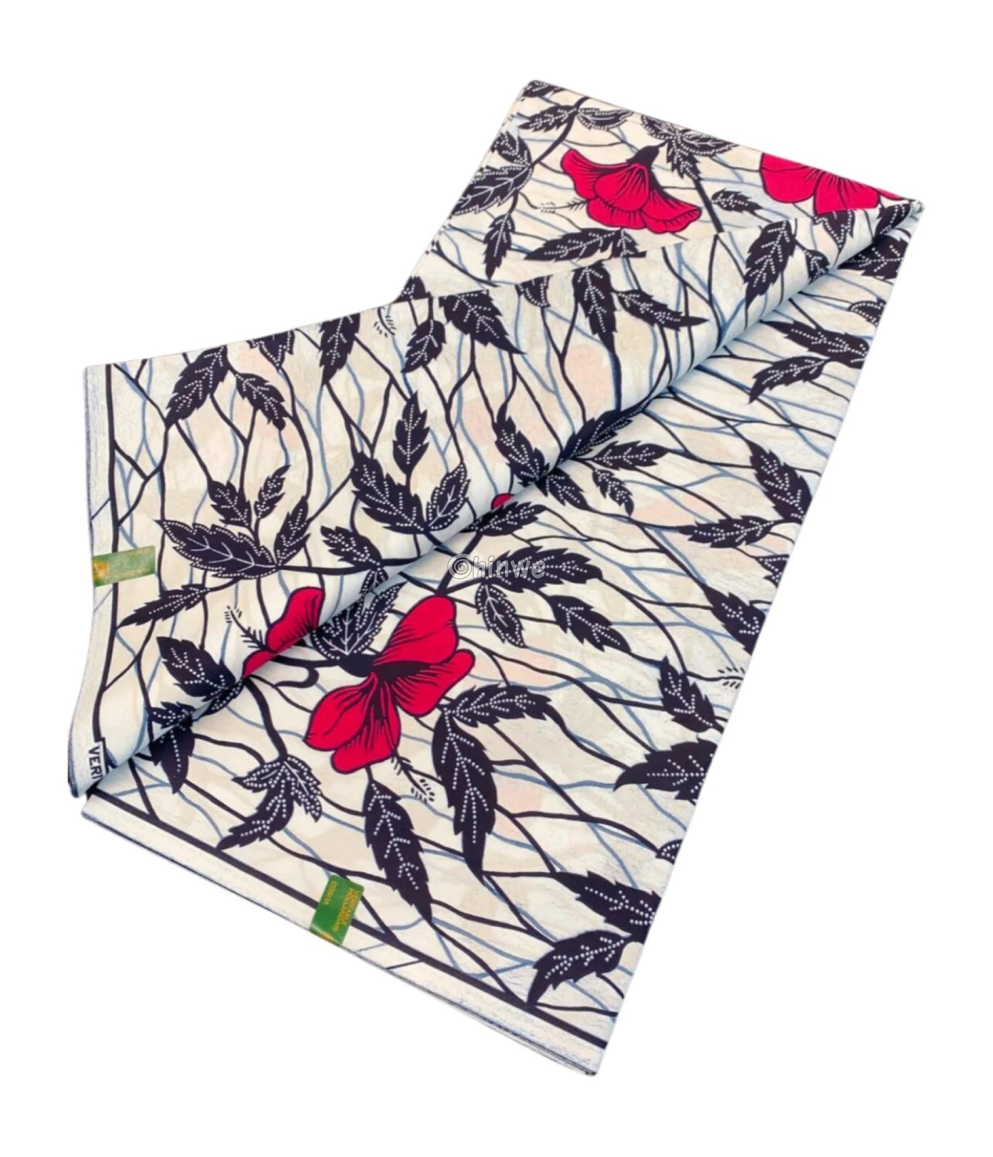 Bold Scarlet Bloom Fabric – Red Hibiscus and Black Leaves on White Ankara Print 6 Yards African Wax Print Fabric