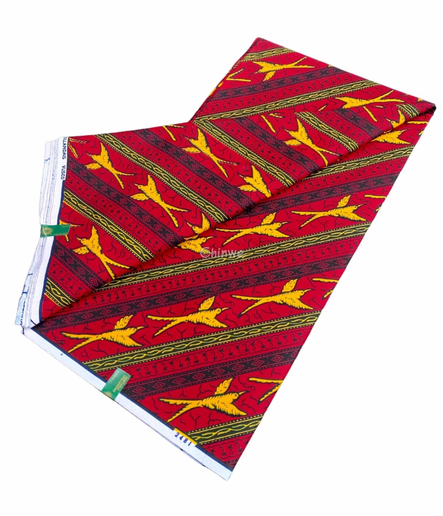 Fiery Wings Ankara Fabric – Bold Red and Yellow African Wax Print with Diagonal Bird Motif 6 yards cotton