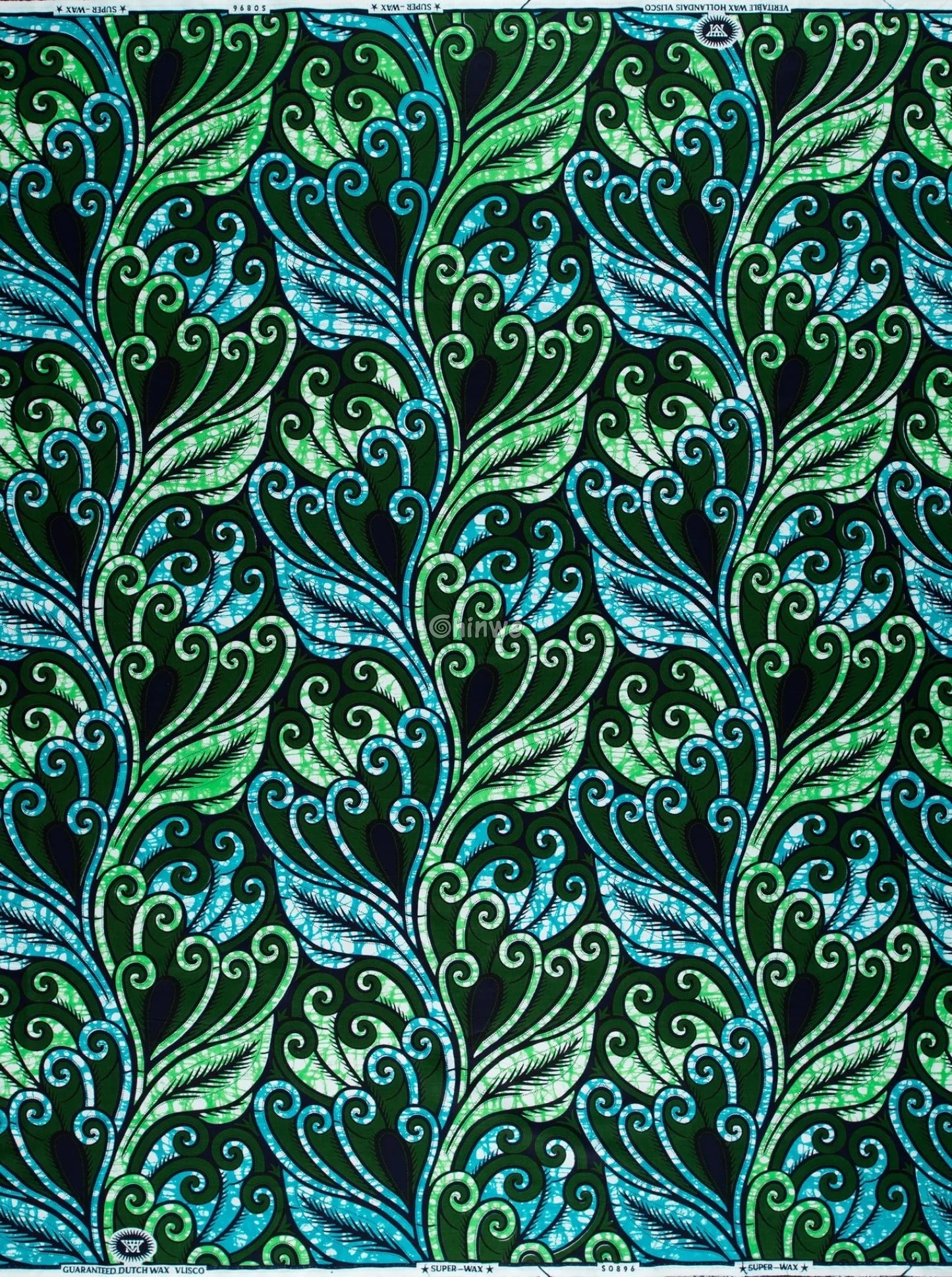 Emerald Green and Aqua Swirl Pattern with Feathered Leaf Motif and Dark Navy Teardrop Detailing Ocean Swirl with