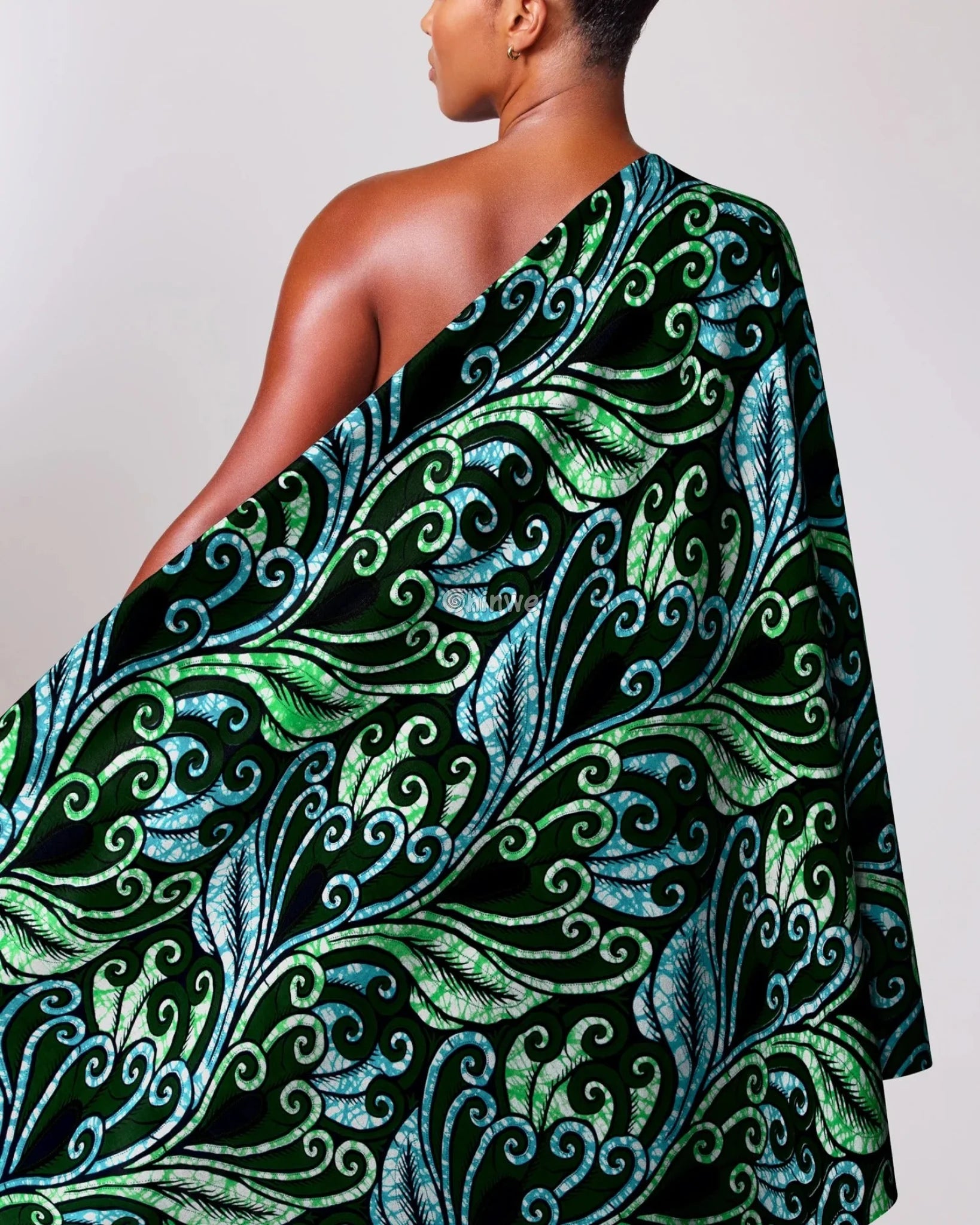 Emerald Green and Aqua Swirl Pattern with Feathered Leaf Motif and Dark Navy Teardrop Detailing Ocean Swirl with