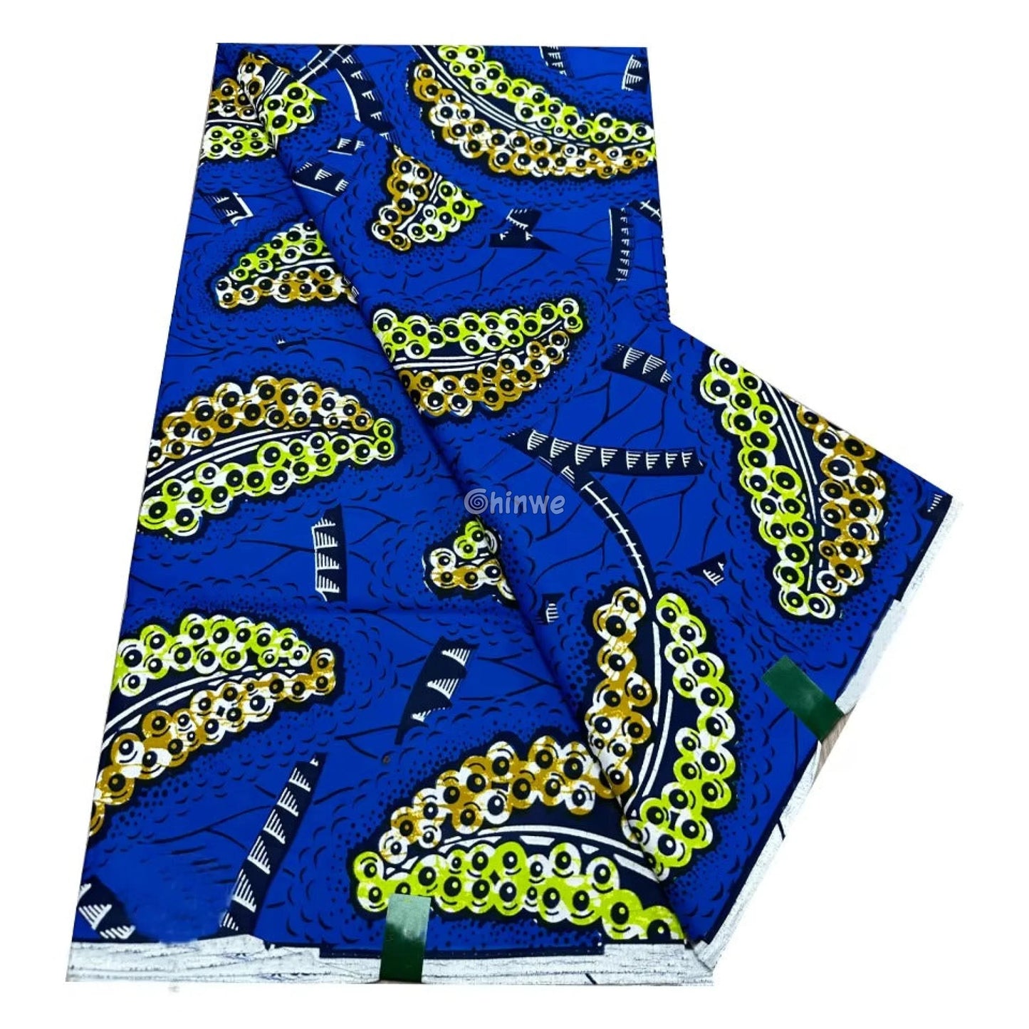 Vibrant Blue African Wax Print Fabric with Yellow and Black Geometric Accents